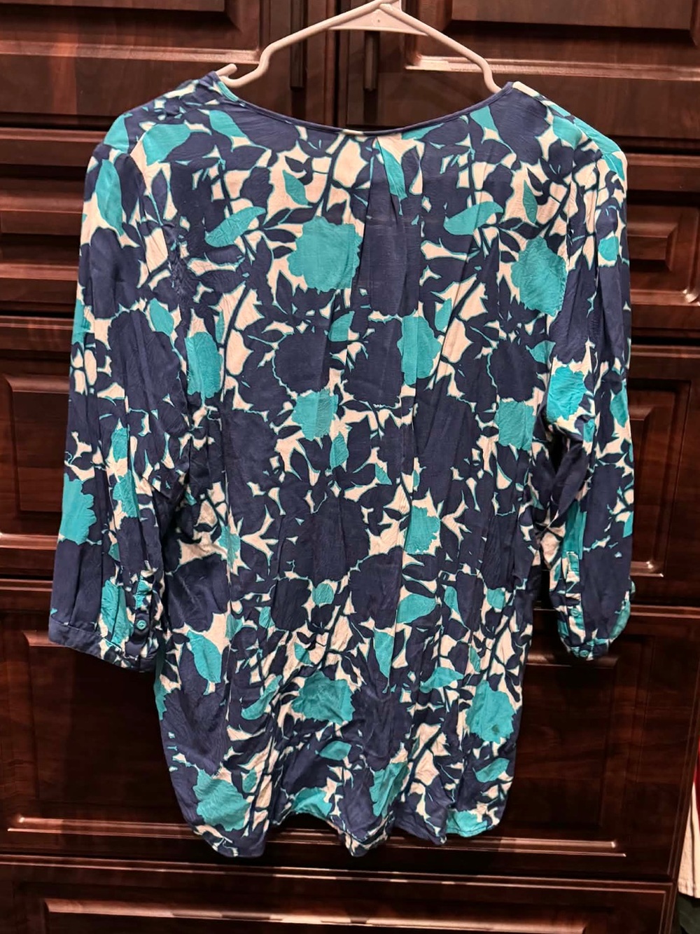 STYLUS Navy and Teal Floral Button-Front Blouse LARGE - Picture 3 of 4